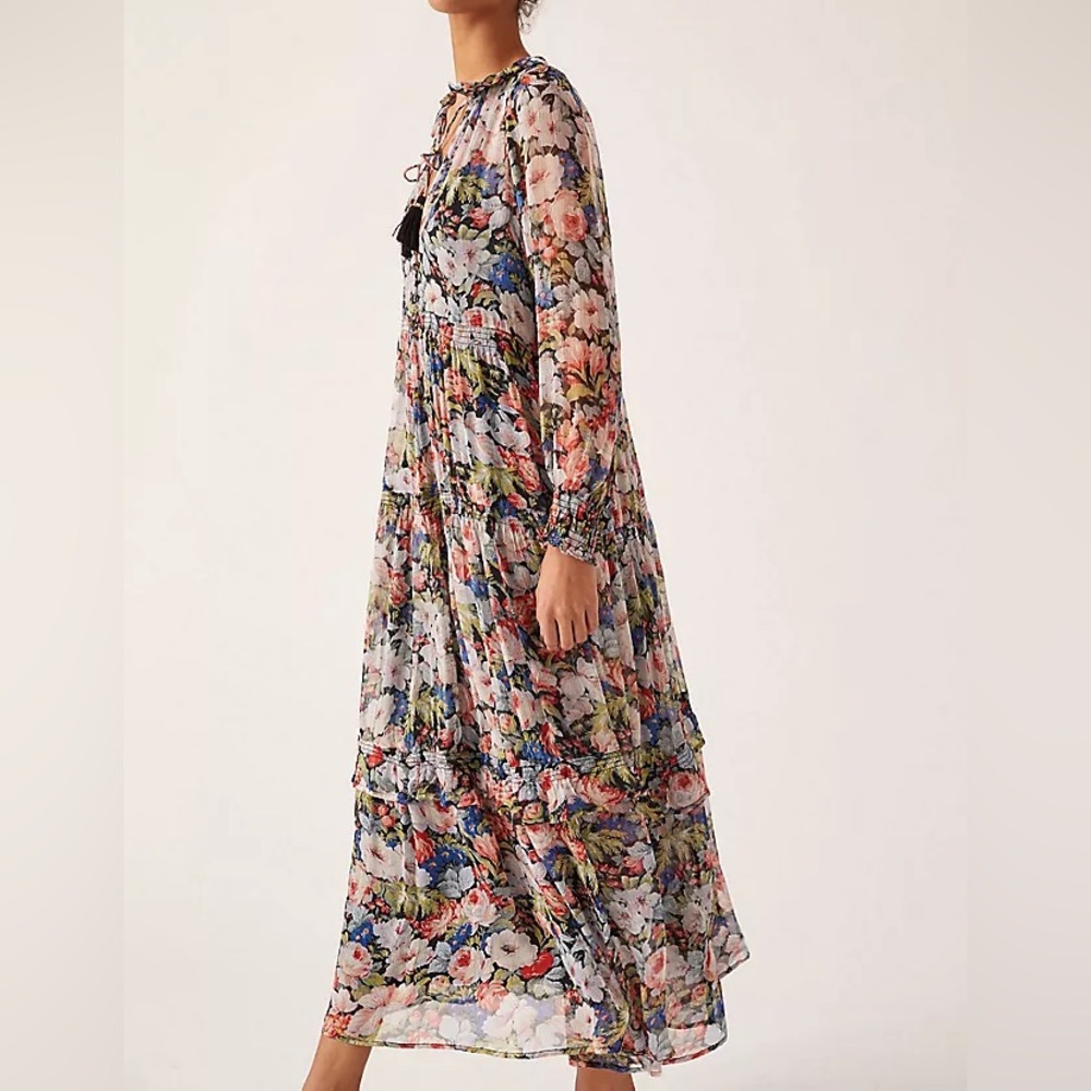 Anthropologie Floral Long-Sleeve Tiered Maxi Dress in Black Multi - Picture 2 of 8